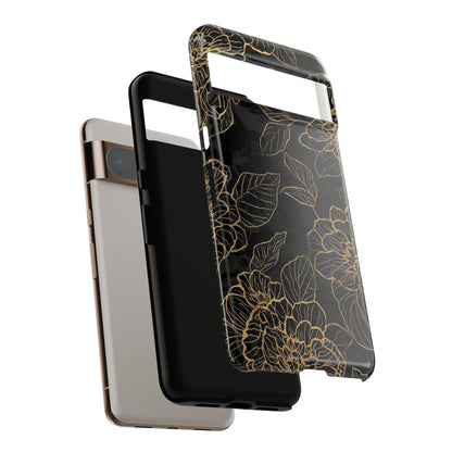 Floral Gold Outline Tough Phone Case – Black Botanical Protective Cover