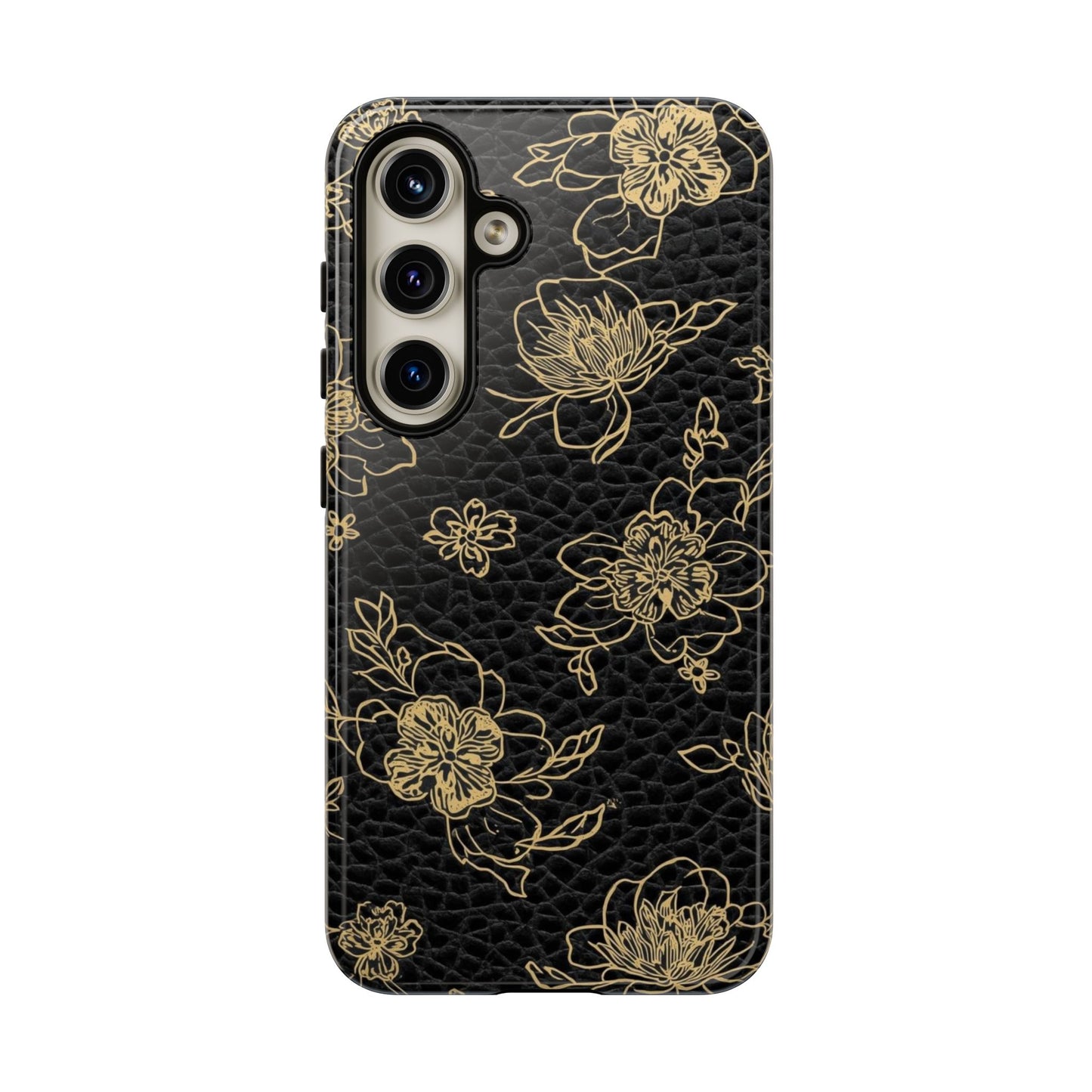Floral Leather Phone Case — Gold Outline Flowers on Black Tough Case