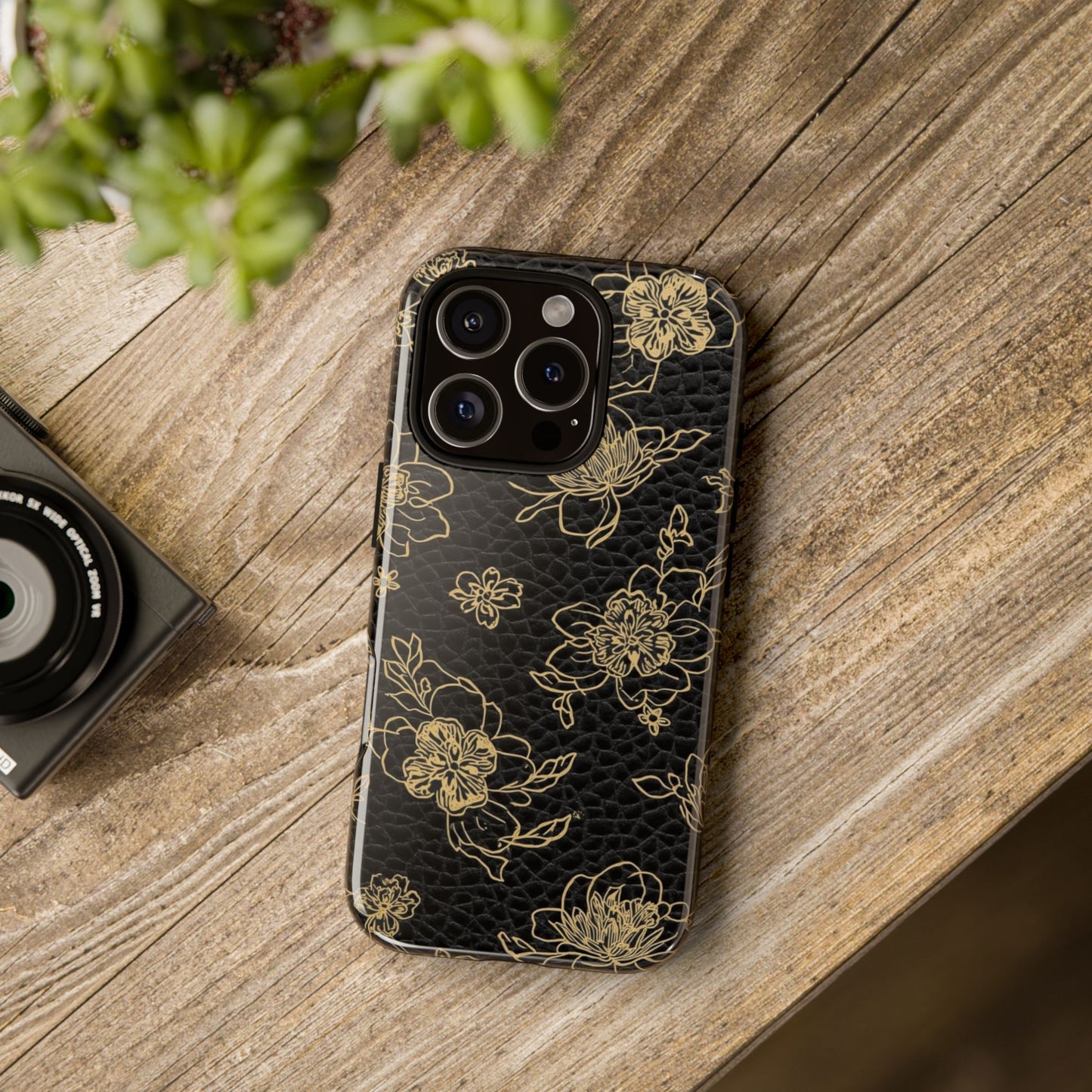 Floral Leather Phone Case — Gold Outline Flowers on Black Tough Case