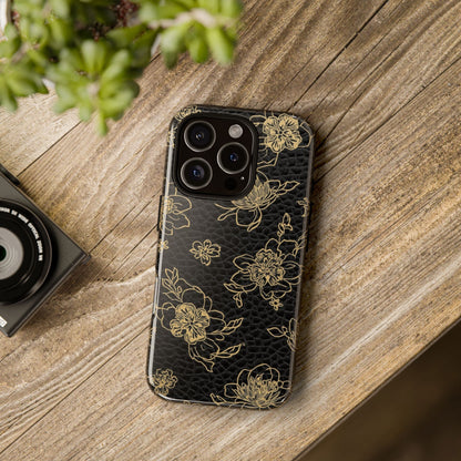 Floral Leather Phone Case — Gold Outline Flowers on Black Tough Case
