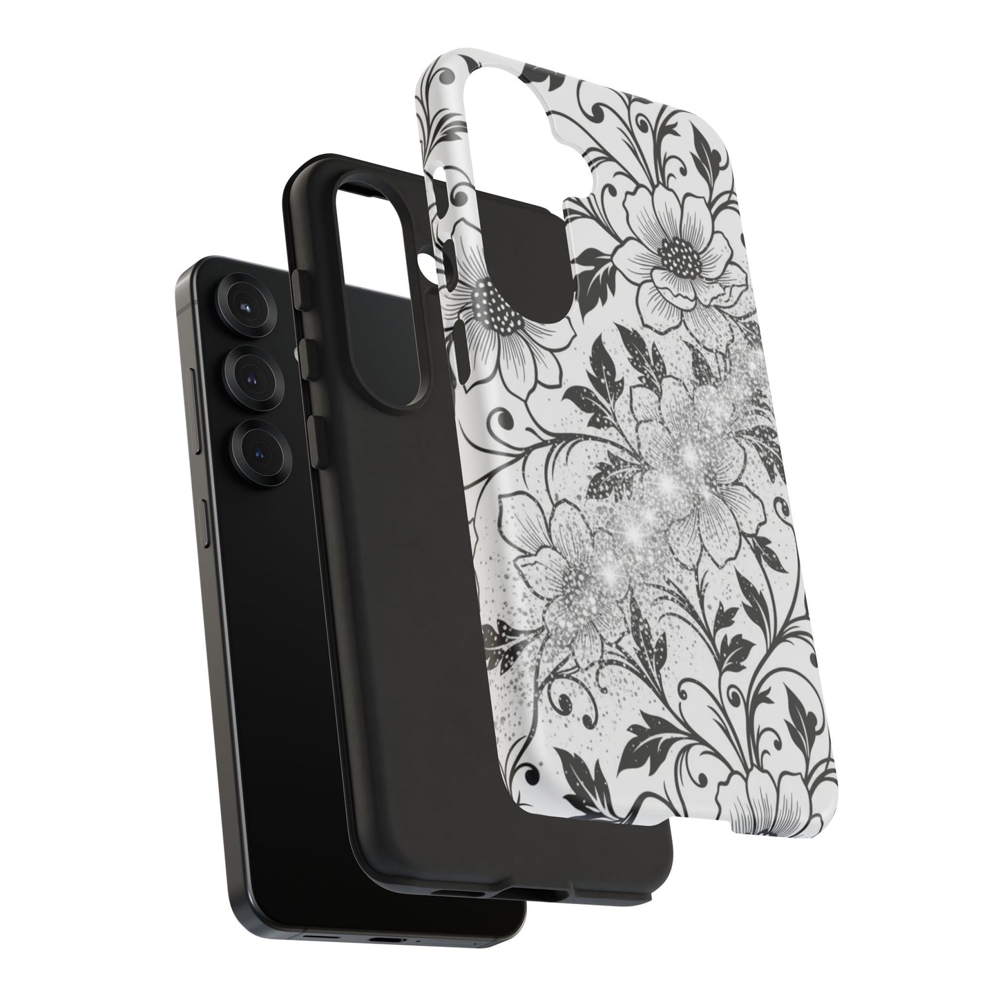 Floral Lace Phone Case — Black & White Vintage Flower Protective Case
