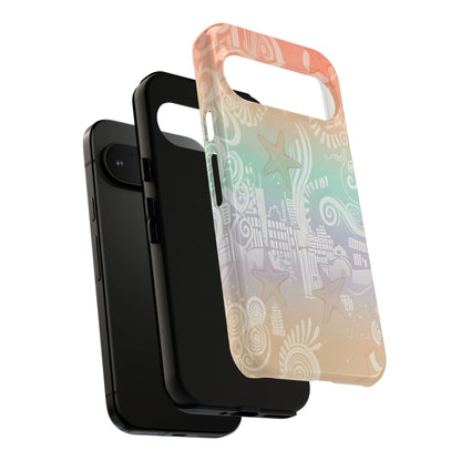 Tough Cases: Pastel Beach Pattern Phone Case — Starfish & Coastal Cityscape Protective Cover