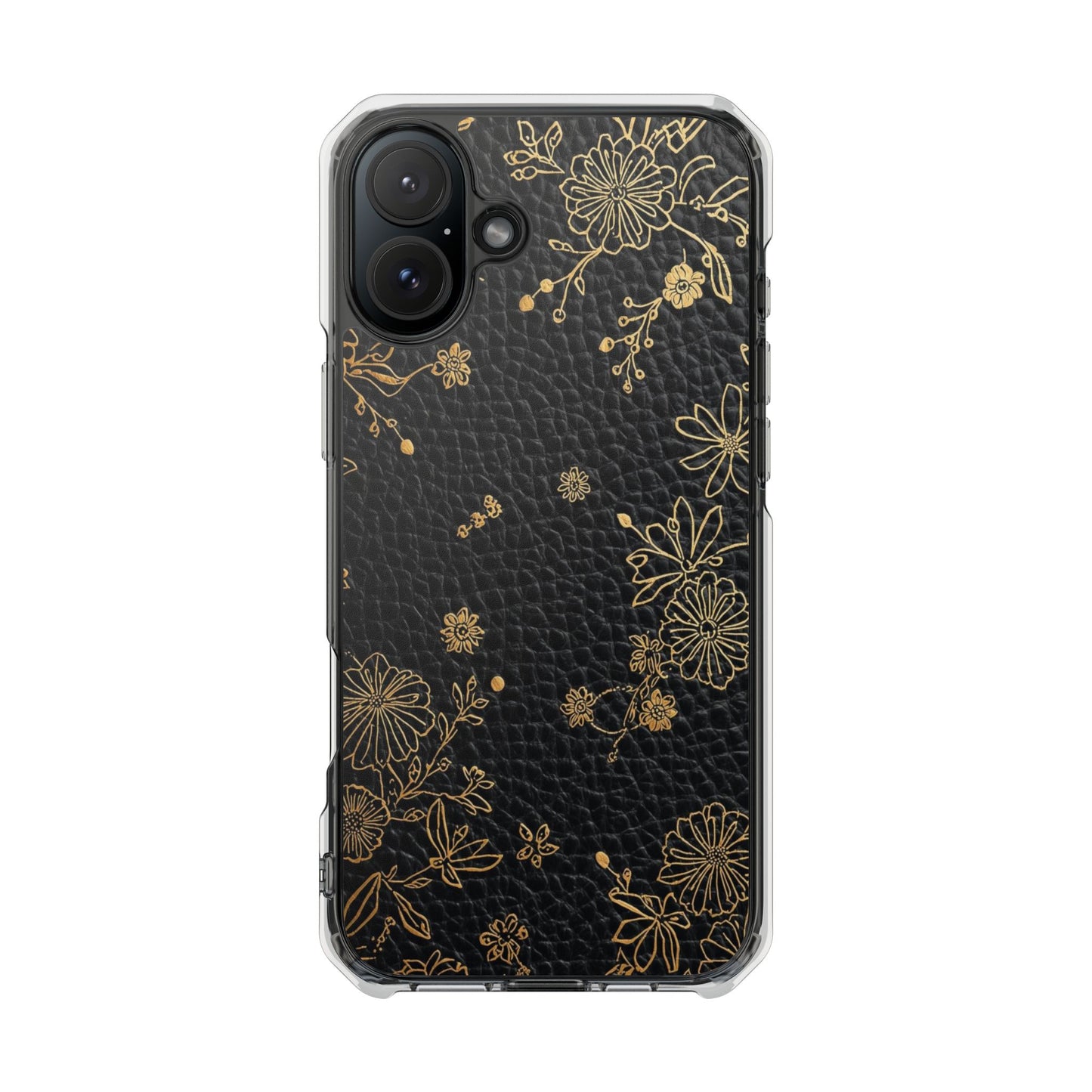 Clear Impact Phone Case — Black Leather Texture with Gold Floral Foil