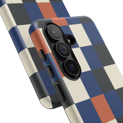 Checkered Retro Phone Case — Blue, Orange & Ivory Geometric Protective Cover