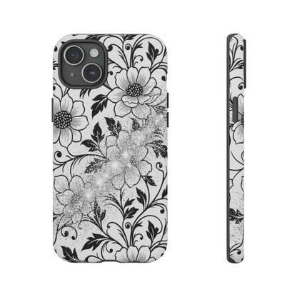Floral Lace Phone Case — Black & White Vintage Flower Protective Case