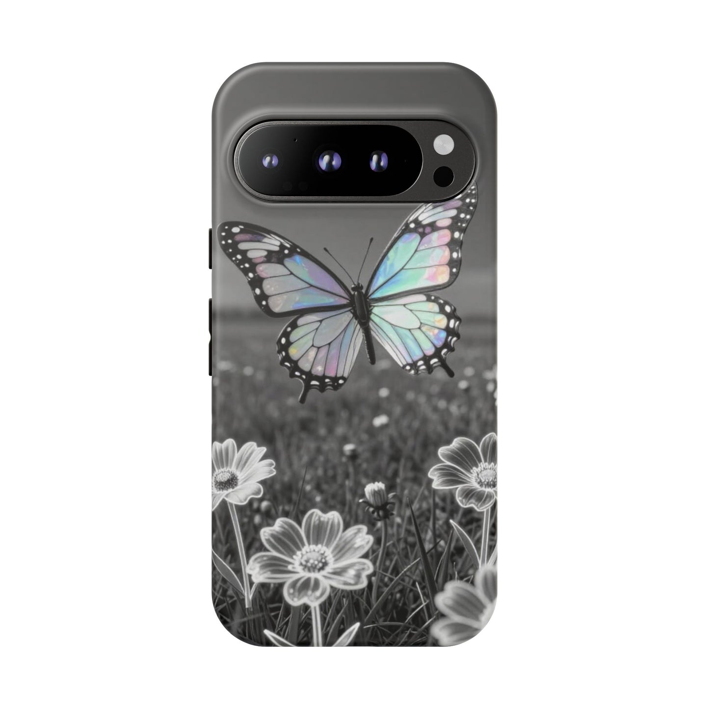 Butterfly Field Tough Phone Case — Pastel Holographic Butterfly on Black & White Floral Background