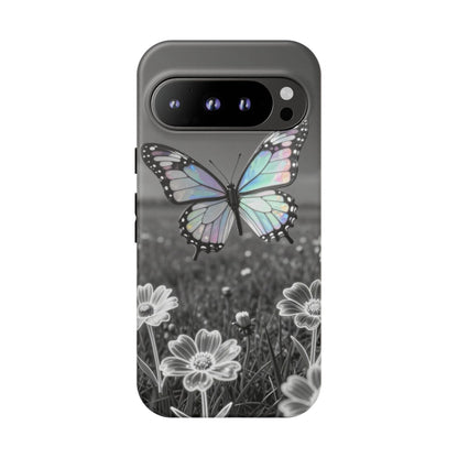 Butterfly Field Tough Phone Case — Pastel Holographic Butterfly on Black & White Floral Background