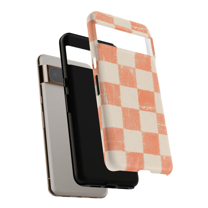 Peach Checkerboard Tough Phone Case — Retro Distressed Grid Design