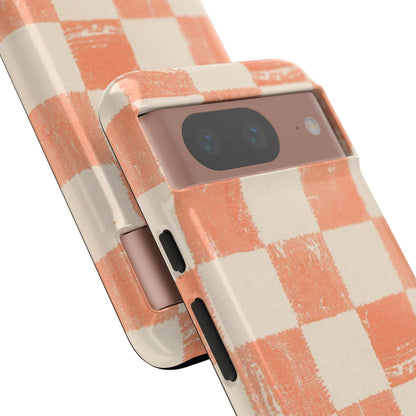 Peach Checkerboard Tough Phone Case — Retro Distressed Grid Design