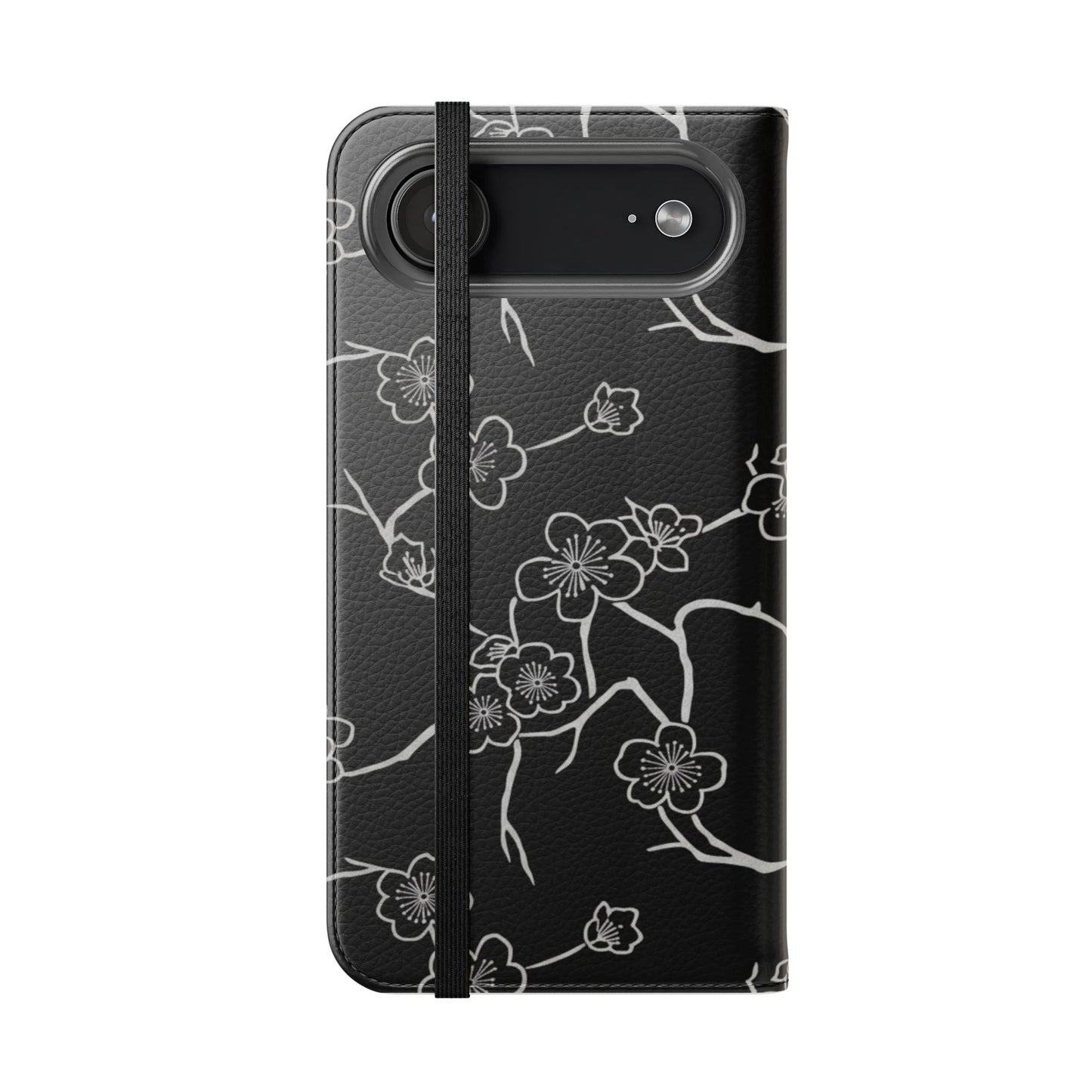 Black Cherry Blossom Flip Phone Case – Floral Wallet Flip Case with Card Slots