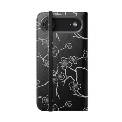 Black Cherry Blossom Flip Phone Case – Floral Wallet Flip Case with Card Slots