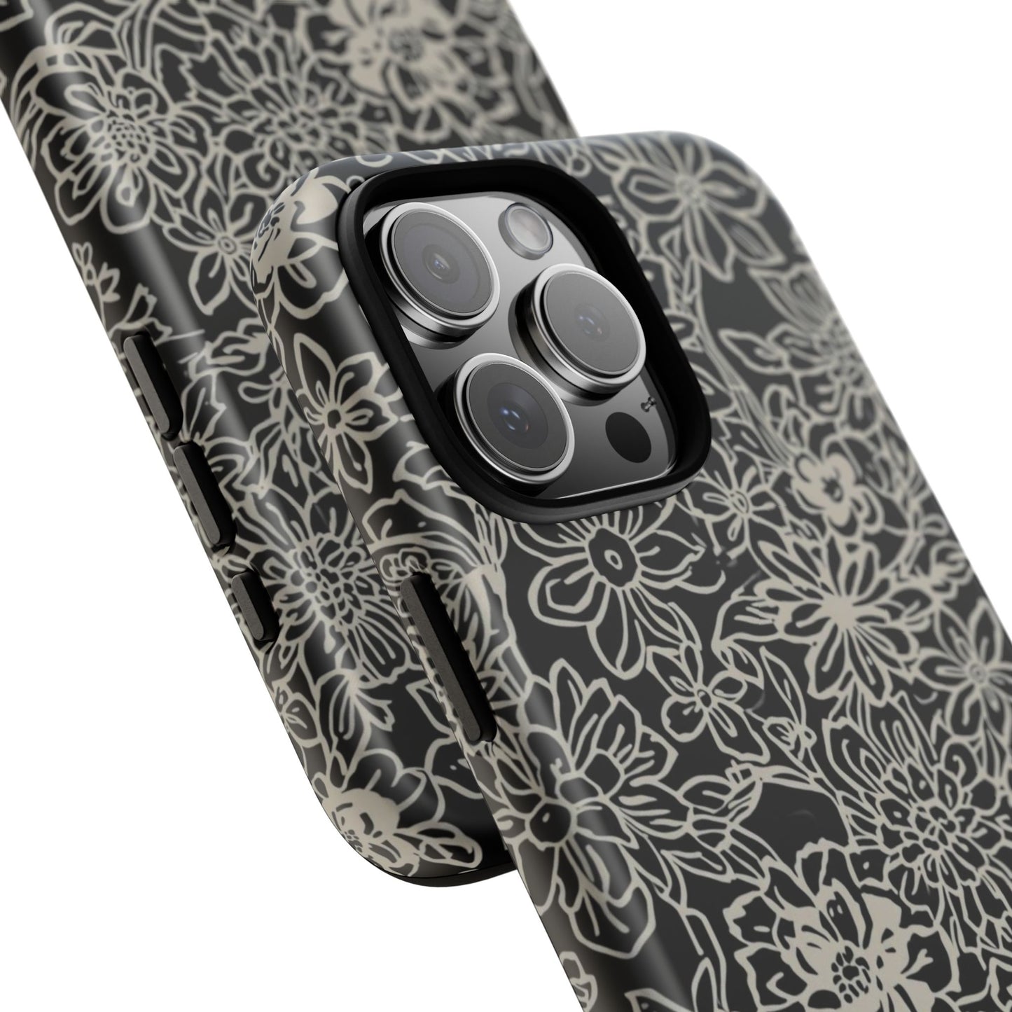 Floral Doodle Tough Phone Case — Black & White Sketch Flower Protective Cover