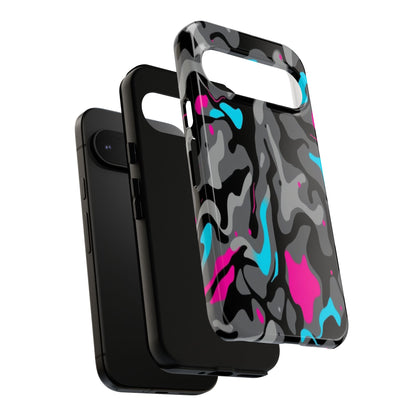 Camouflage Phone Case — Gray Camo with Neon Pink & Cyan Accent Tough Protective Cover