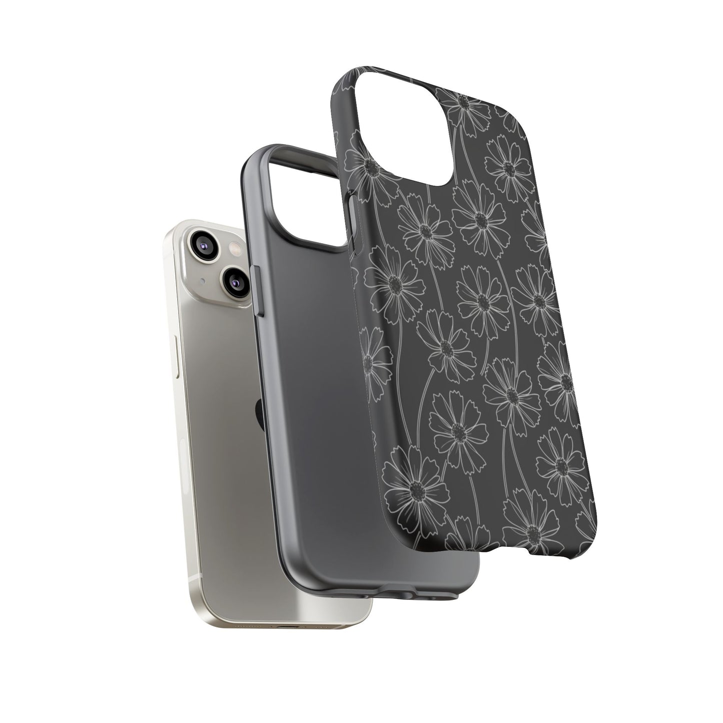 Floral Doodle Tough Phone Case — Black & Gray Daisy Pattern