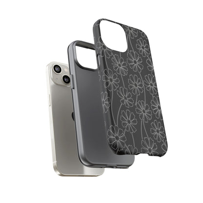 Floral Doodle Tough Phone Case — Black & Gray Daisy Pattern