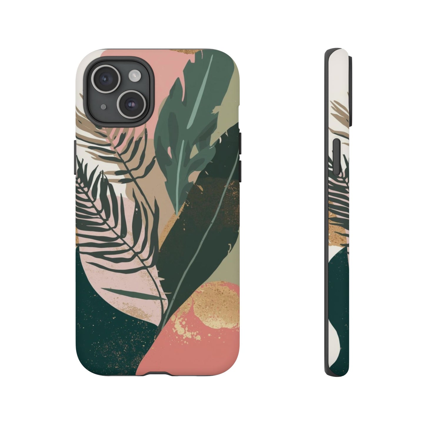 Tropical Leaf Tough Phone Case — Abstract Pink & Green Botanical Protective Cover