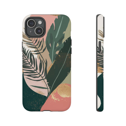 Tropical Leaf Tough Phone Case — Abstract Pink & Green Botanical Protective Cover