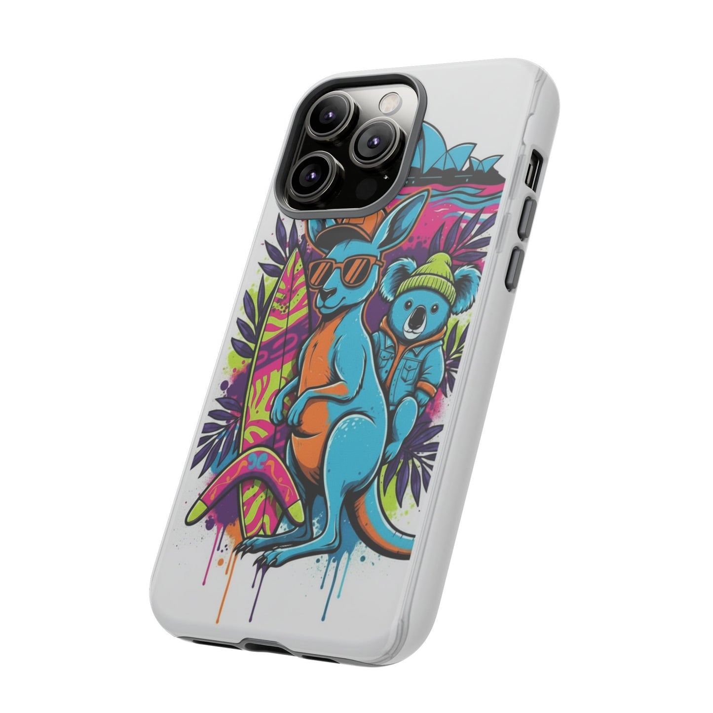 Kangaroo & Koala Surf Phone Case — Retro Neon Beach Art Tough Case