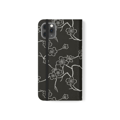 Black Cherry Blossom Flip Phone Case – Floral Wallet Flip Case with Card Slots
