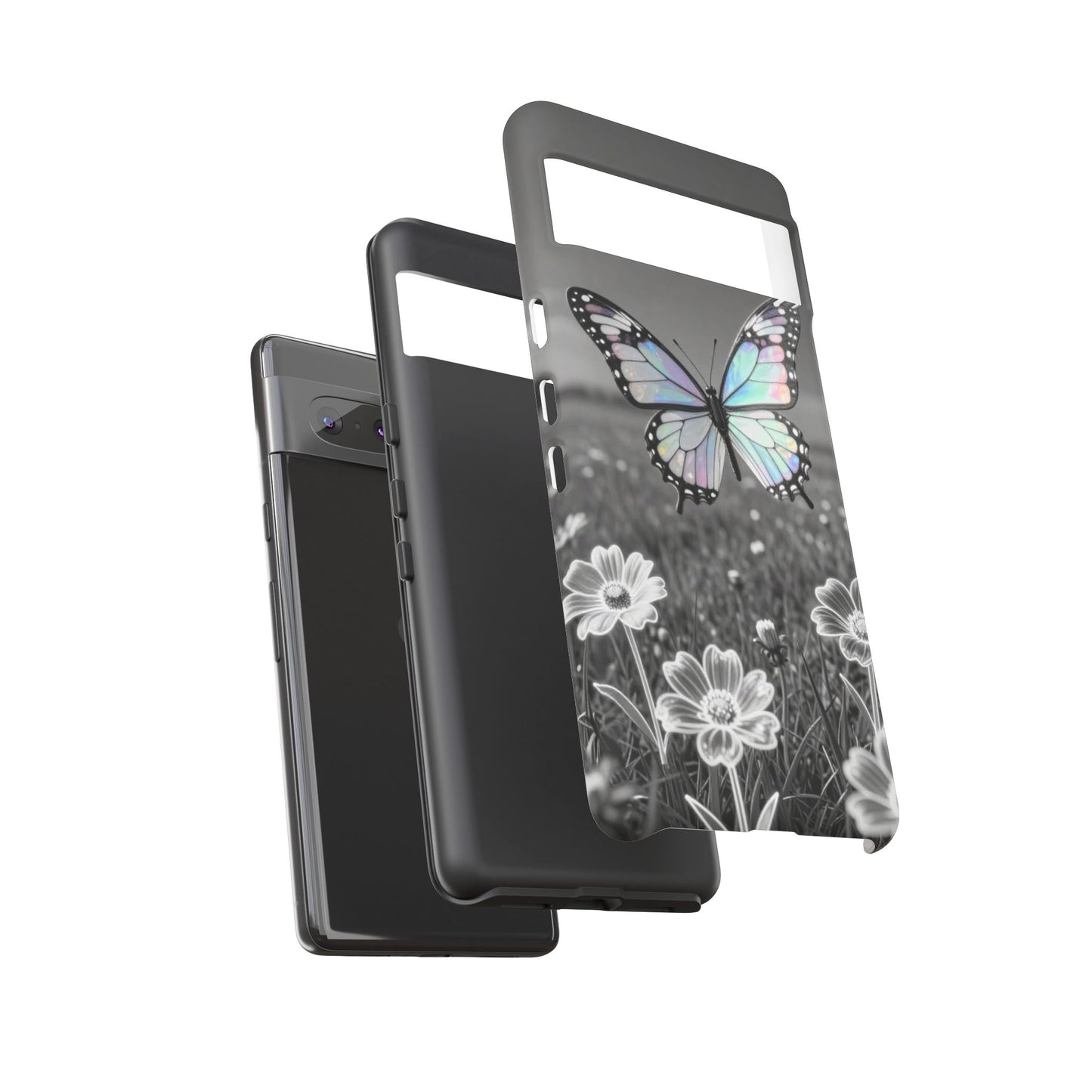 Butterfly Field Tough Phone Case — Pastel Holographic Butterfly on Black & White Floral Background