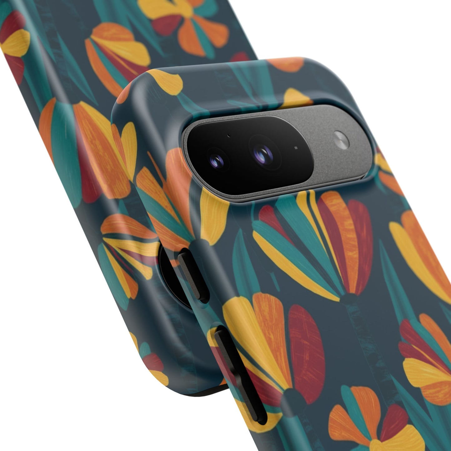 Floral Retro Teal Tough Phone Case — Vibrant Orange & Mustard Blooms