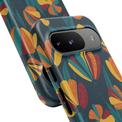 Floral Retro Teal Tough Phone Case — Vibrant Orange & Mustard Blooms