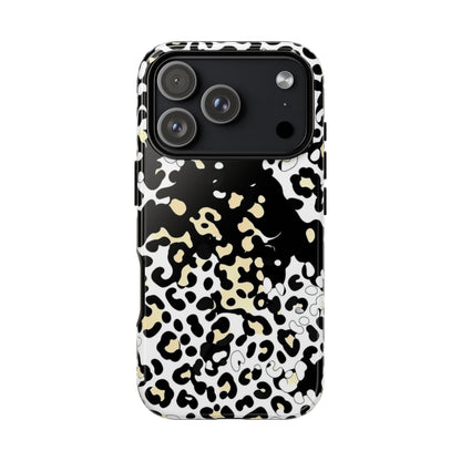 Leopard Splash Tough Phone Case — Black & Cream Animal Print Protective Cover