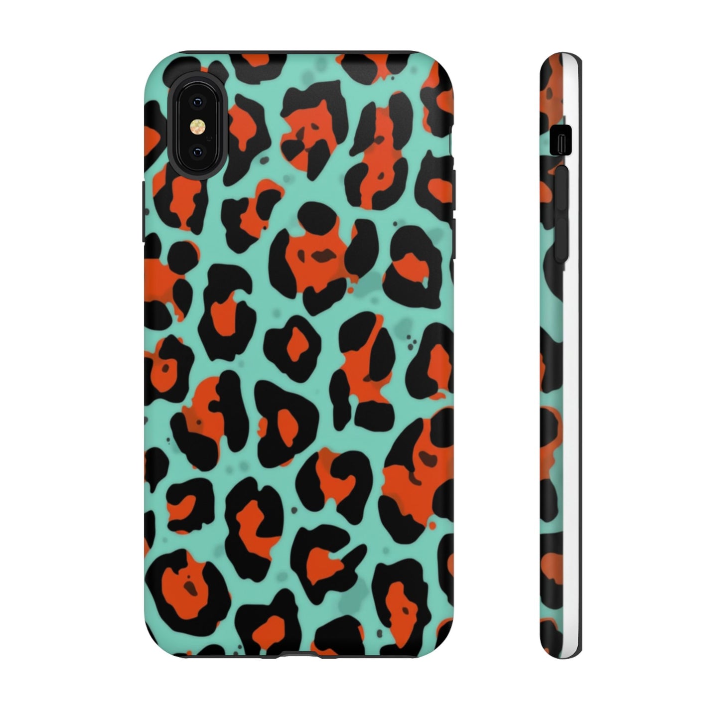Leopard Print Tough Phone Case — Teal & Rust Protective iPhone Cover