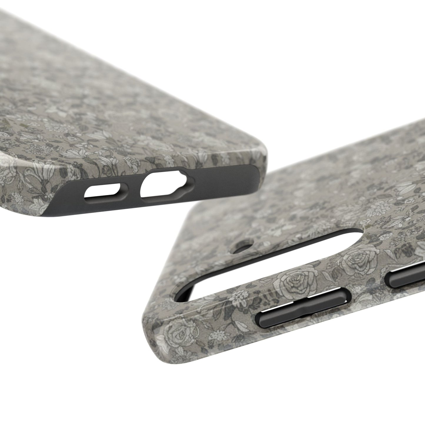 Gray Floral Tough Phone Case — Durable Protective Phone Cover with Vintage Botanical Pattern