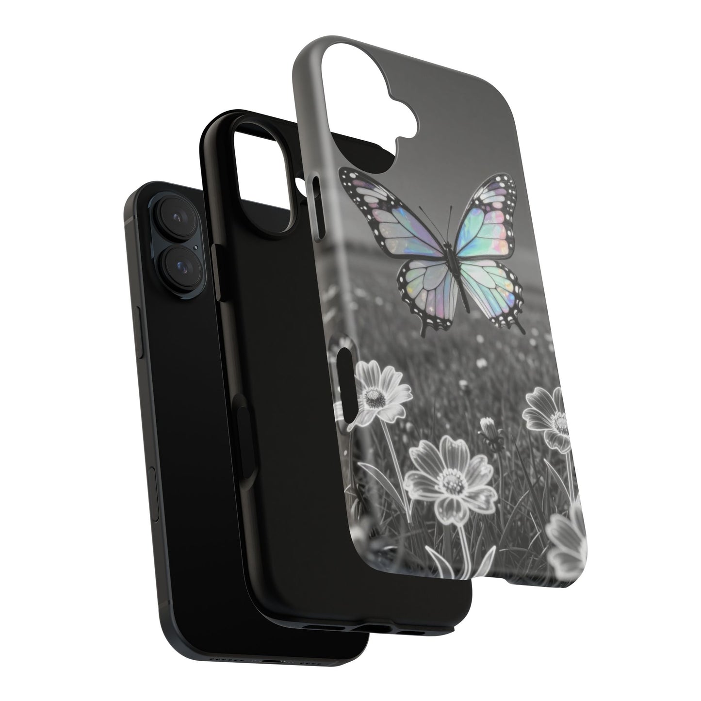 Butterfly Field Tough Phone Case — Pastel Holographic Butterfly on Black & White Floral Background