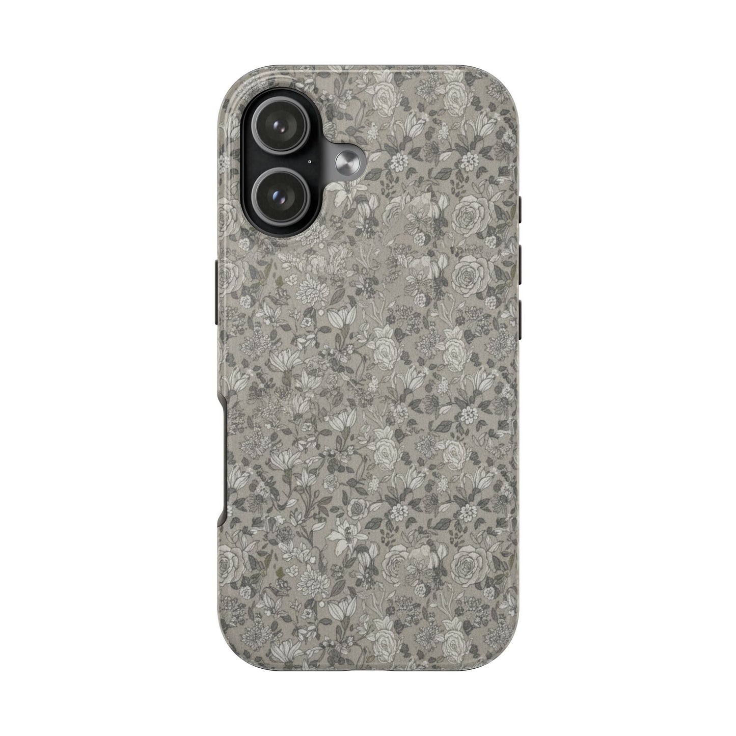 Gray Floral Tough Phone Case — Durable Protective Phone Cover with Vintage Botanical Pattern