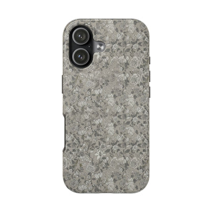 Gray Floral Tough Phone Case — Durable Protective Phone Cover with Vintage Botanical Pattern