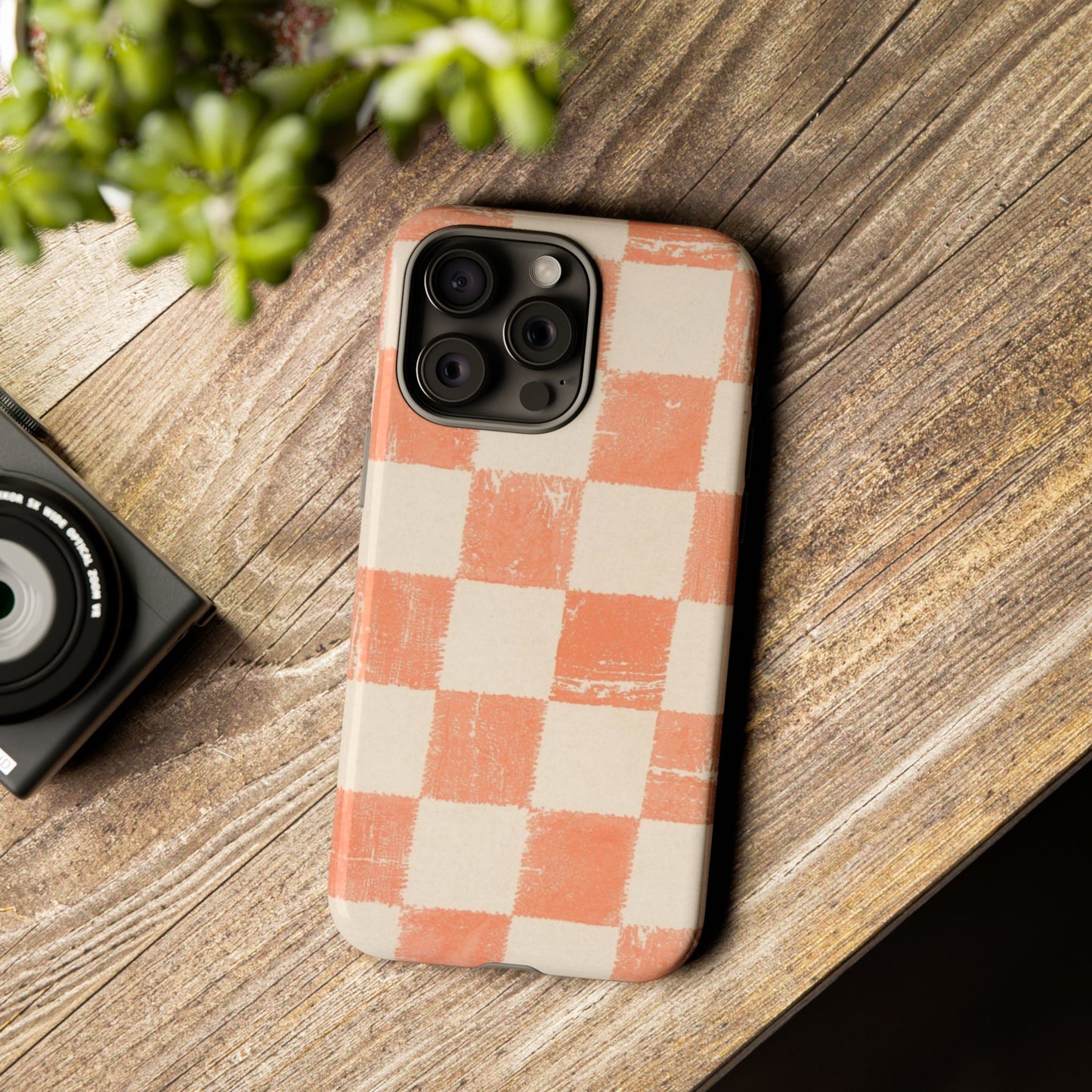 Peach Checkerboard Tough Phone Case — Retro Distressed Grid Design