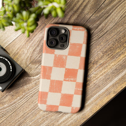 Peach Checkerboard Tough Phone Case — Retro Distressed Grid Design