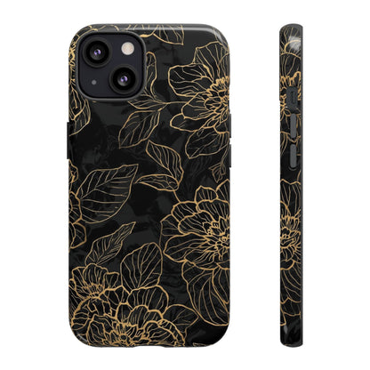Floral Gold Outline Tough Phone Case – Black Botanical Protective Cover