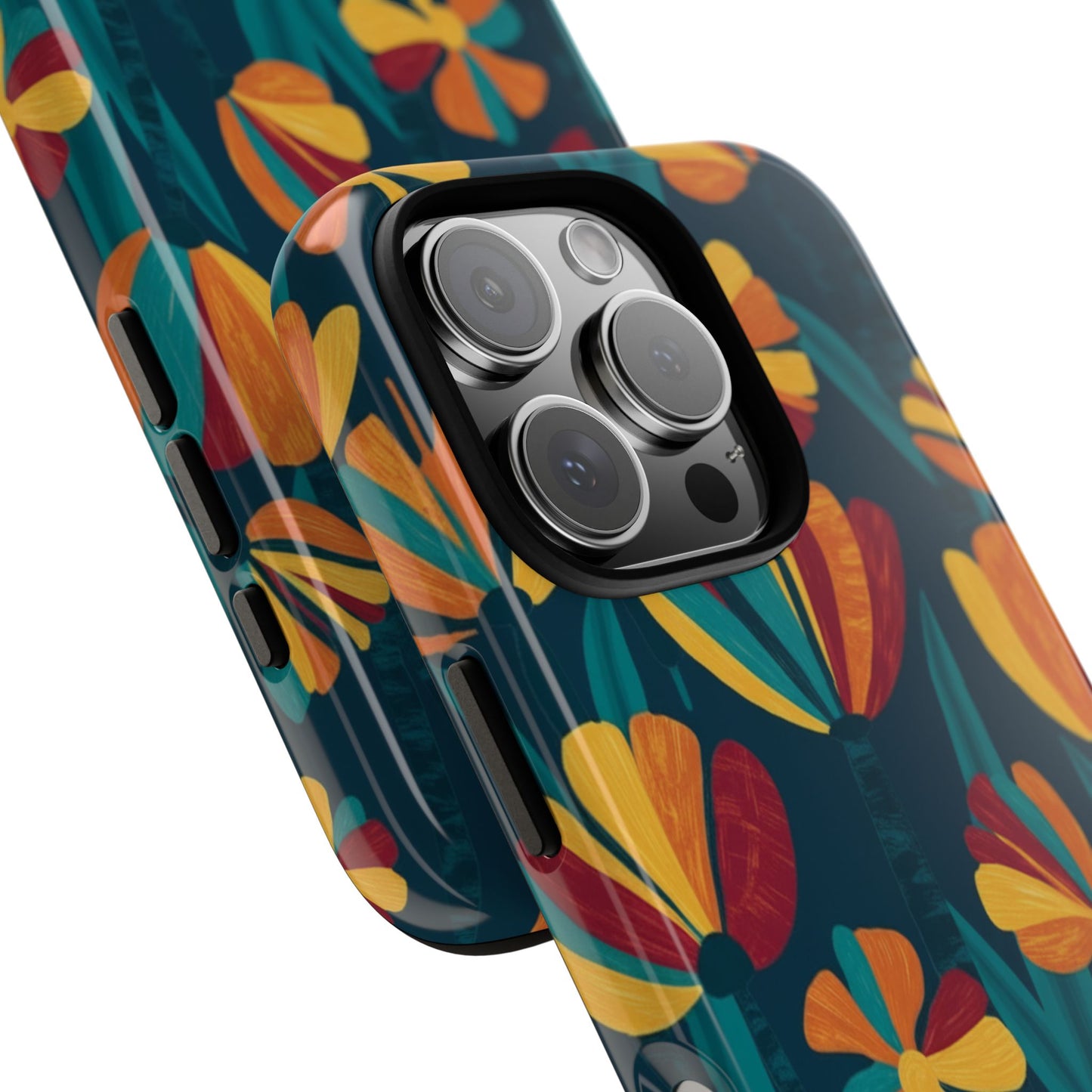 Floral Retro Teal Tough Phone Case — Vibrant Orange & Mustard Blooms