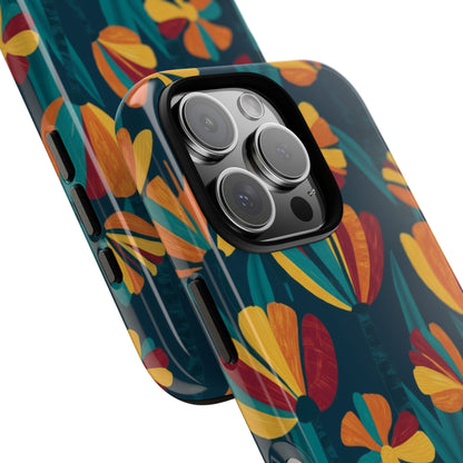 Floral Retro Teal Tough Phone Case — Vibrant Orange & Mustard Blooms