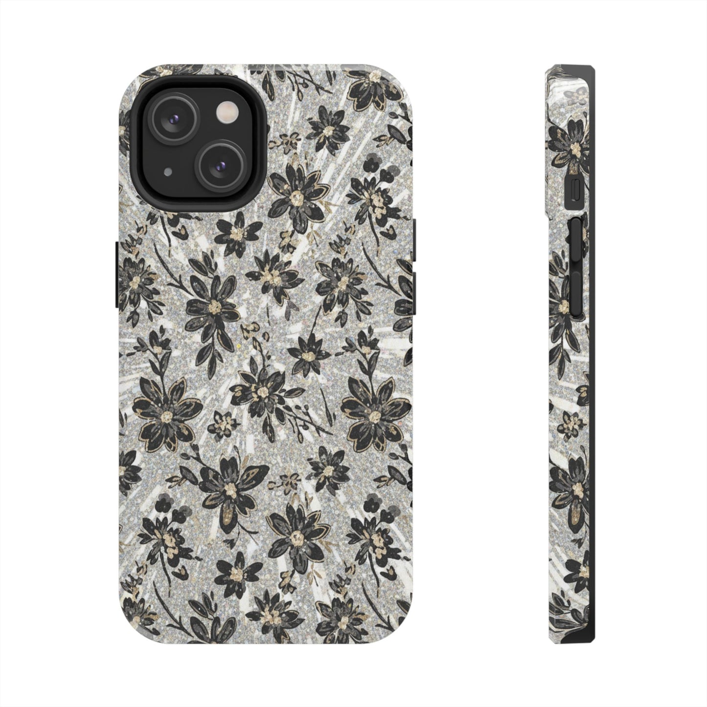 Floral Vintage Tough Phone Case — Black & Gray Rustic Flower Protective Case
