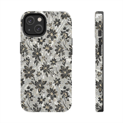 Floral Vintage Tough Phone Case — Black & Gray Rustic Flower Protective Case