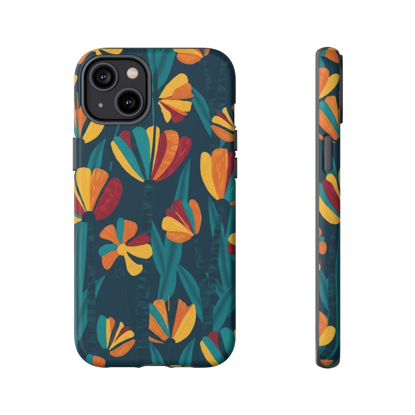 Floral Retro Teal Tough Phone Case — Vibrant Orange & Mustard Blooms