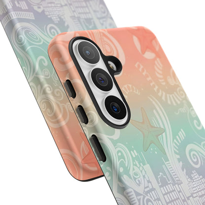 Tough Cases: Pastel Beach Pattern Phone Case — Starfish & Coastal Cityscape Protective Cover