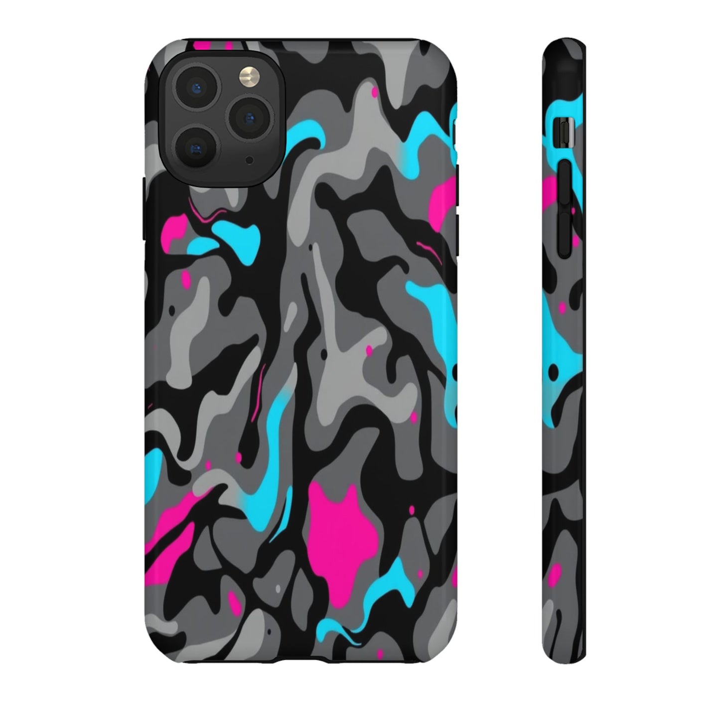 Camouflage Phone Case — Gray Camo with Neon Pink & Cyan Accent Tough Protective Cover