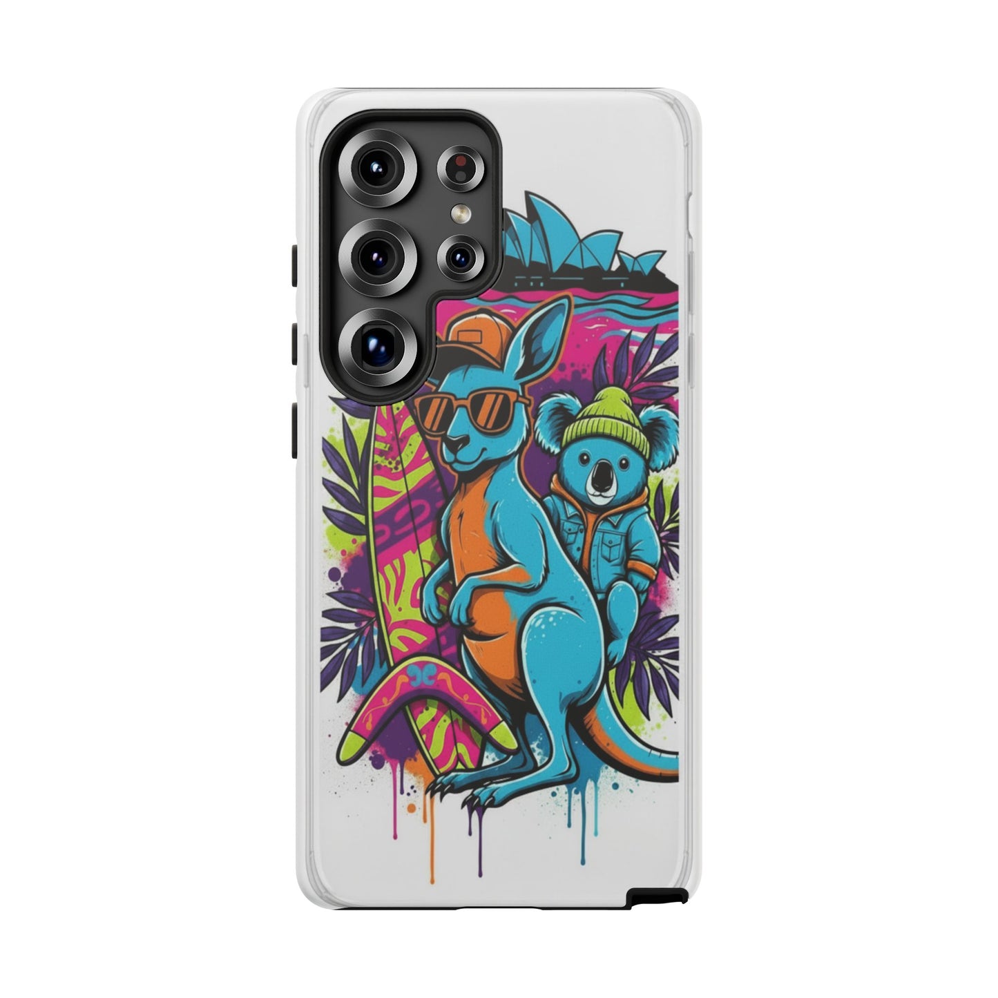 Kangaroo & Koala Surf Phone Case — Retro Neon Beach Art Tough Case