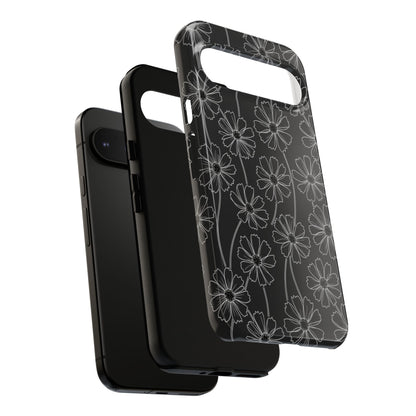 Floral Doodle Tough Phone Case — Black & Gray Daisy Pattern