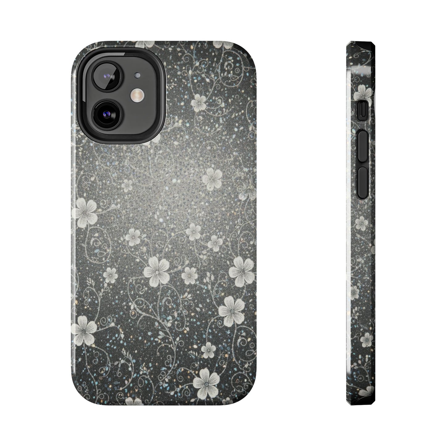 Floral Sparkle Tough Phone Case — Black & Silver Vintage Blossom