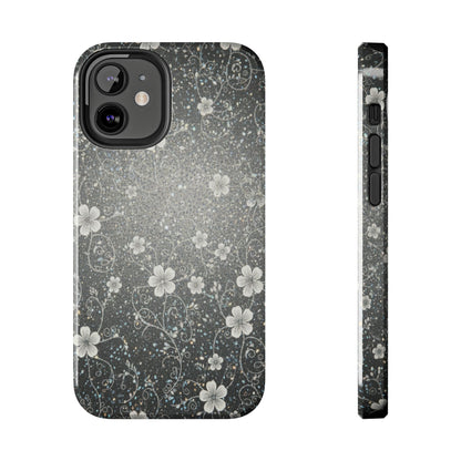 Floral Sparkle Tough Phone Case — Black & Silver Vintage Blossom