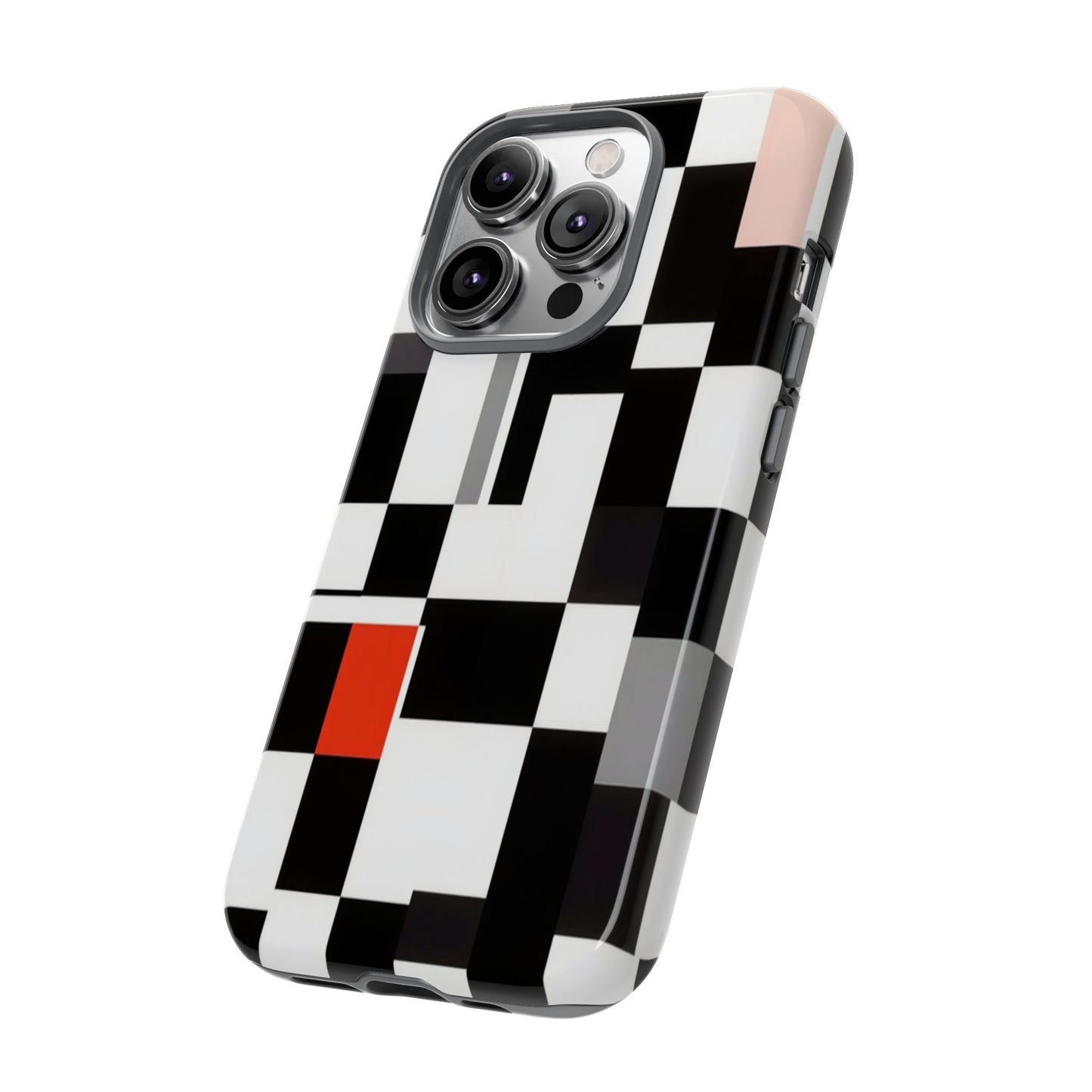 Abstract Geometric Phone Case – Black & White Checker Grid with Red Accent