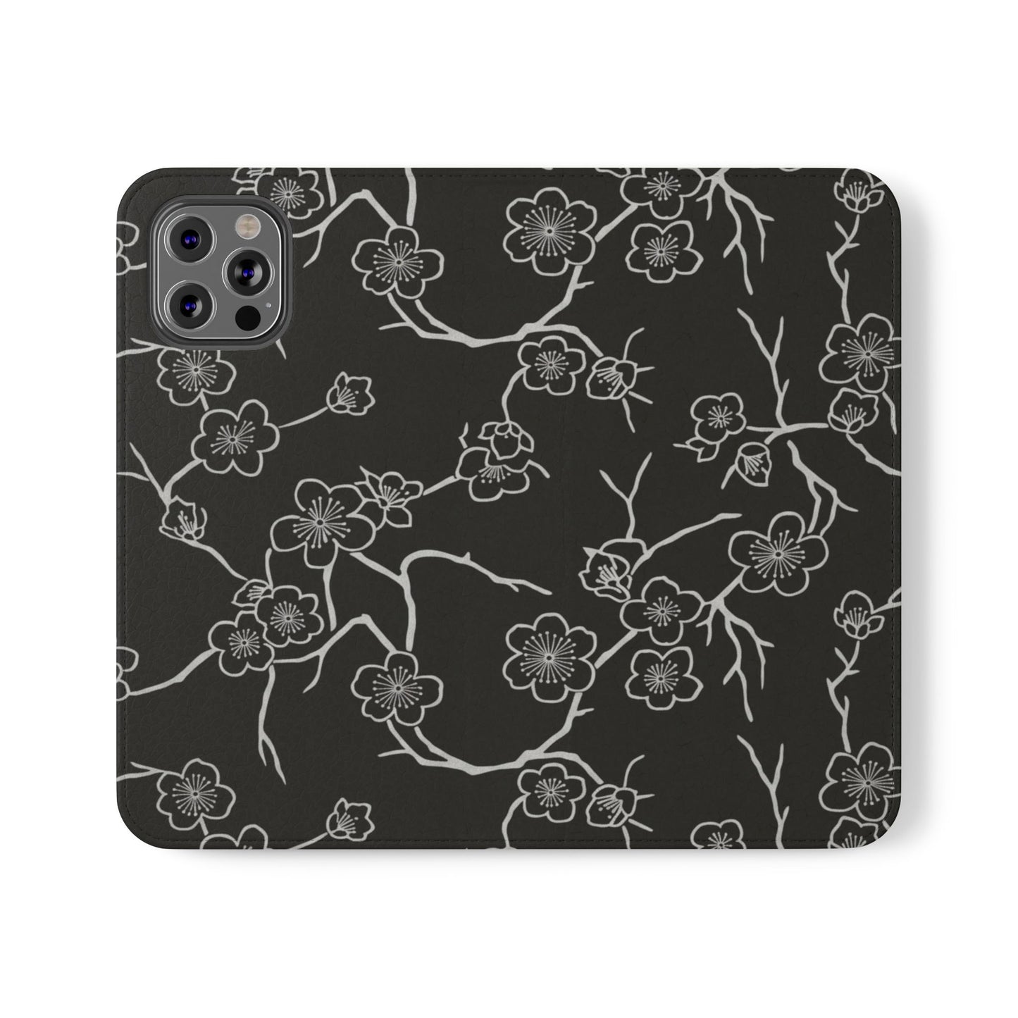 Black Cherry Blossom Flip Phone Case – Floral Wallet Flip Case with Card Slots