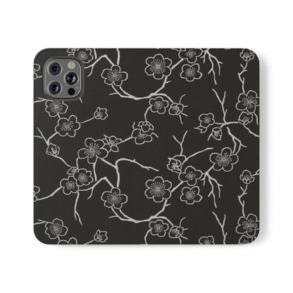 Black Cherry Blossom Flip Phone Case – Floral Wallet Flip Case with Card Slots