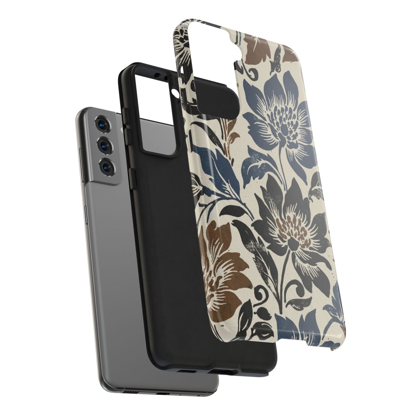 Floral Vintage Tough Phone Case — Blue & Brown Botanical Protection